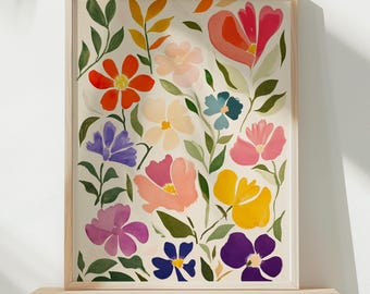 May include: A framed print featuring a colorful floral design with pink, red, yellow, blue, and orange flowers on a cream background.