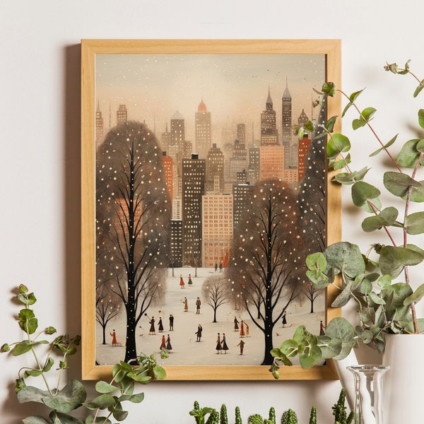 Christmas Town Print, Christmas New York Art Print, Winter Town PRINTABLE Wall Art,Holiday Painting, Seasonal Home Decor, Winter Night Art