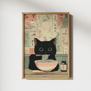Adorable cat digital art for lounge — featuring a chubby feline slurping ramen, perfect for a friendly and inviting living space.