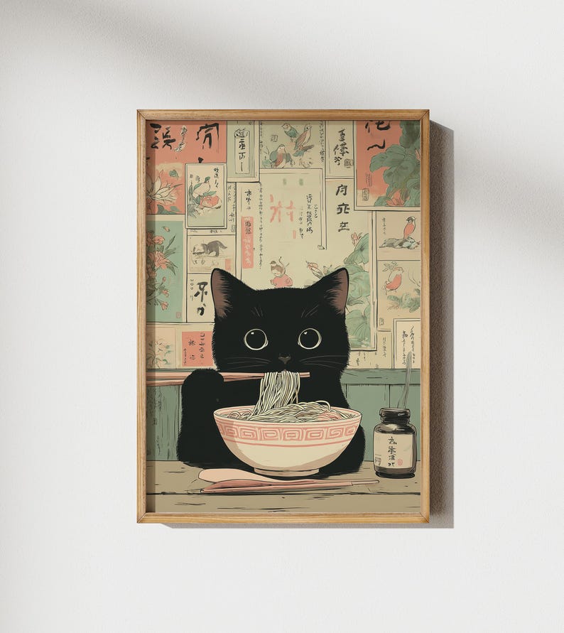 Adorable cat digital art for lounge — featuring a chubby feline slurping ramen, perfect for a friendly and inviting living space.