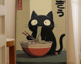 Black Cat Ramen Poster: Japanese Food Art, Cute Black Cat Wall Art, Retro Japanese Home Decor, Japandi Art, Black Cat Gift Digital Download