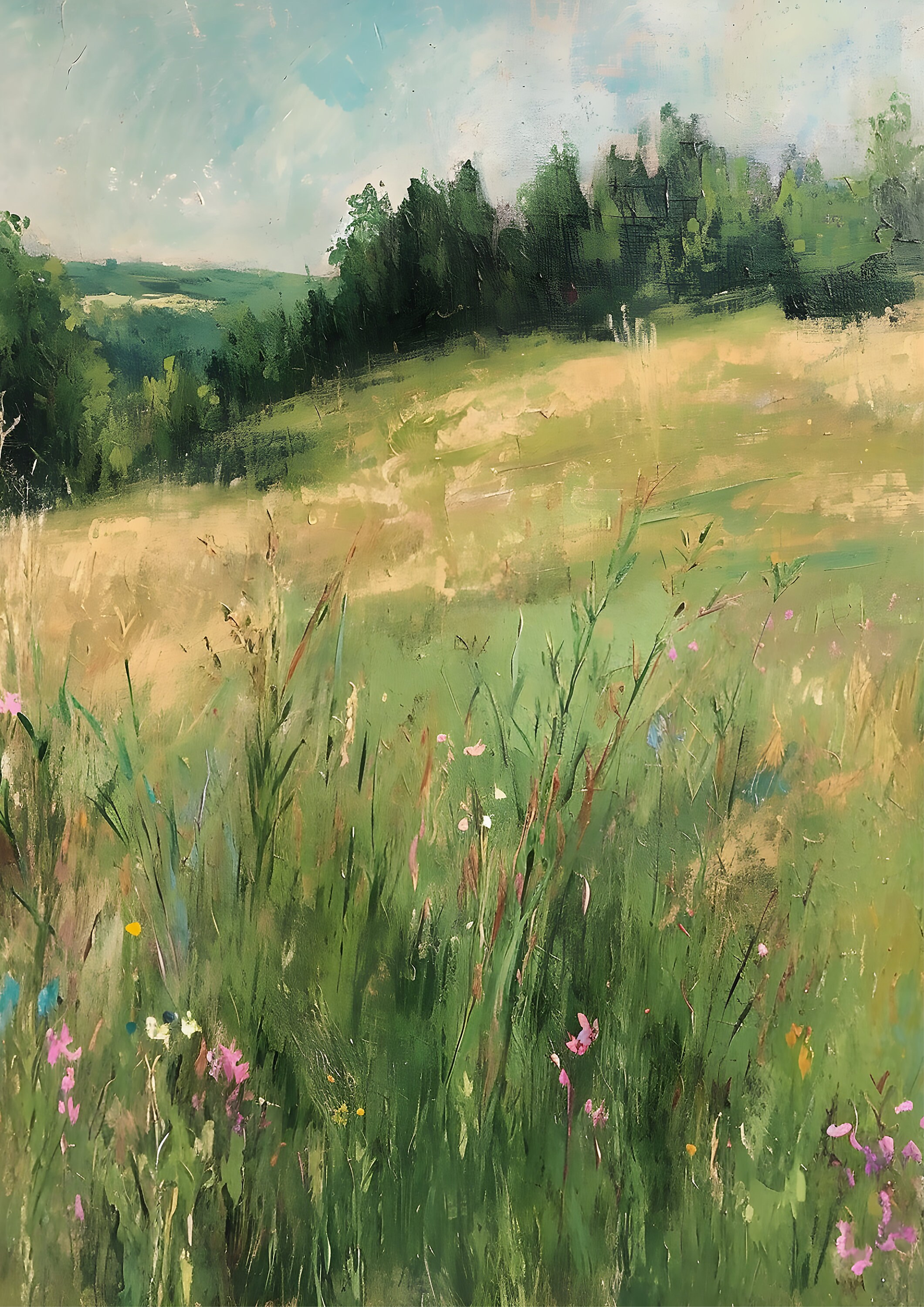 Printable Wildflower Field Landscape Oil Painting, Vintage Landscape ...