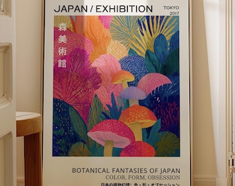 Colorful Mushroom Decor Japanese Exhibition Poster Printable - Modern Japanese Art Print, Botanical Maximalist Wall Art, Surreal Decor