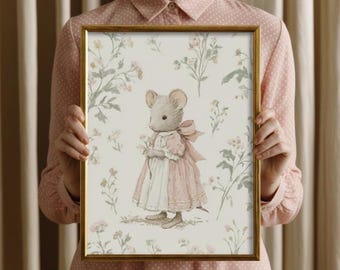 Whimsical Mouse Art Print, Vintage Mouse in Pink Dress Wall Art, Cottagecore Nursery Printable, Sweet Mouse Illustration, Digital Download