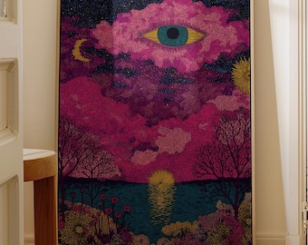 Cosmic Eye in Magenta Clouds Art: Surreal Art, Moody Psychedelic Landscape, Vibrant Printable Artwork, Bedroom Wall Decor Digital Download