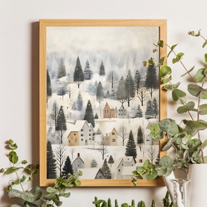 Cartel de Navidad del pueblo, impresión de acuarela del árbol de Navidad de la casa de invierno nevada, impresión del paisaje, Navidad de la granja, arte digital, arte de la guardería