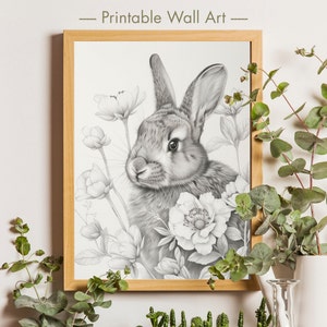 Neutral Bunny Sketch PRINTABLE, Neutral Easter Bunny Drawing, Girls Bedroom Art, Spring Bunny Rabbit in Wildflowers, Farmhouse Wall Decor