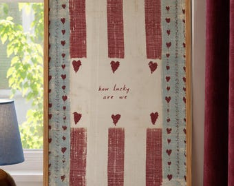 How Lucky Are We Print | Vintage Embroidered Heart Banner Wall Art | Farmhouse Housewarming Gift | Digital Download