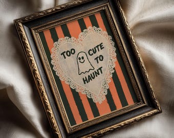 Too Cute To Haunt Ghost Wall Art, Spooky Cute Halloween Print, Embroidery Style Poster, Orange Black Gothic Decor, Coquette Ghost Art