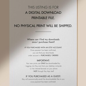 May include: A digital download printable file announcement on a light beige background. The text states that no physical print will be shipped. Instructions are provided for accessing downloads after purchase, including Etsy account and guest purchase details.