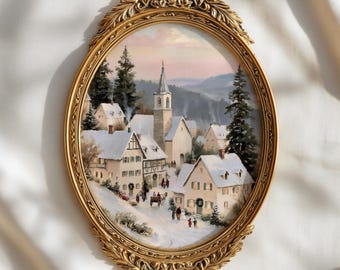 Alpine Christmas Village Print | Nostalgic Hillside European Winter Painting | Cottagecore Holiday Gallery Wall Art | Digital Download