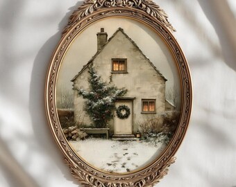 English Cottage Christmas Print | Cozy Snowy Winter Cottage Painting | Cottagecore Holiday Wall Art | Digital Download