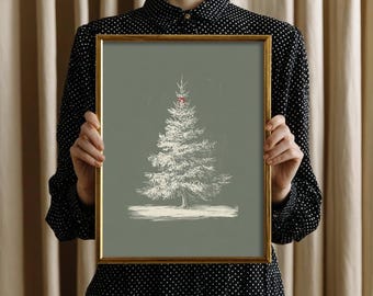 Vintage Christmas Tree Botanical Art - Rustic Farmhouse Holiday Decor, Minimalist Neutral Winter Printable, Digital Download 275