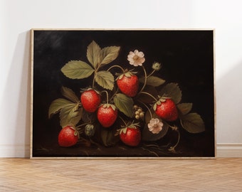 Strawberry Painting, PRINTABLE, Strawberry Wall Art, Dark Rustic Strawberry Kitchen Print, Vintage Fruit Still Life Painting, Fruit Print