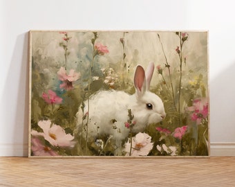 Vintage Bunny Wildflower Field Print: Farmhouse Easter Decor (Digital Download)