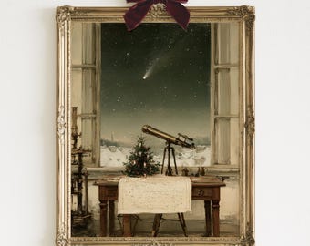 Vintage Christmas Observatory Print, Telescope Wall Art, Celestial Christmas Decor, Dark Academia Printable, Astronomy Digital Download