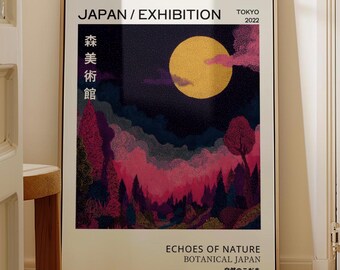 Moody Japanese Landscape Poster - Vintage Pine Forest with Golden Moon Japanese Wall Decor, Museum Poster Printable Art