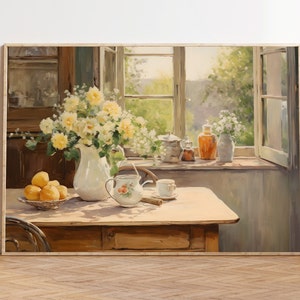 Vintage Kitchen Still Life Painting, Farmhouse Print, PRINTABLE Art, Kitchen Wall Art, Lemons Wall Art, Flowers Vase Art, Breakfast Painting
