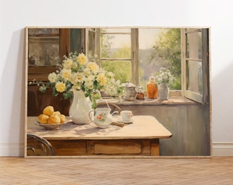 Pintura de natureza morta de cozinha vintage, impressão de fazenda, arte para impressão, arte de parede de cozinha, arte de parede de limões, arte de vaso de flores, pintura de café da manhã