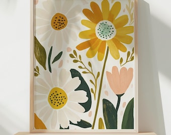 Estampa de margarida, arte de parede para impressão de margarida, arte de parede de margarida, pôster de flores, estampa boho para quarto de meninas, decoração de parede de berçário de margarida, botânico de flores silvestres