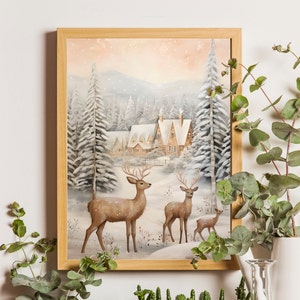 Bosque nevado pared arte ciervo pintura Navidad pared arte imprimible ciervo vivero impresión bosque vivero niña rústica vintage decoración de Navidad