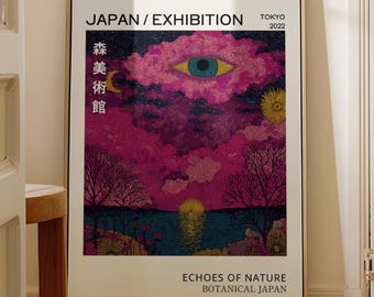 Moody Surreal Coastal Landscape - Eye in Pink Clouds, Vintage Psychedelic Poster, Reflective Sea, Japanese Art Print, Digital Download