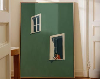 Minimalist Woman Reading at Window Wall Art, Emerald Green Abstract Window Illustration, Book Lover Gift, Apartment Decor, Digital Download