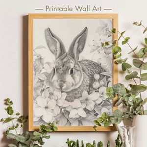 Antique Rabbit Sketch Wall Art, Vintage Easter Bunny Drawing, Spring Bunny Rabbit in Wildflowers, Country Farmhouse Printable Wall Art