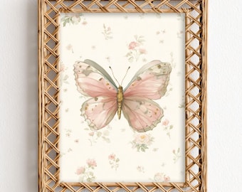 Romantic Pink Butterfly Wall Art, Cottagecore Watercolor Butterfly Print, Vintage Floral Illustration, Printable Nursery Decor