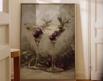 Pintura de Taças de Martini Vintage - Arte de Carrinho de Bar, Arte Sofisticada de Coquetéis, Decoração de Festas, Arte de Parede para Imprimir, Download Digital Glamoroso