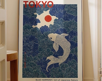 Printable Koi Fish Poster, Blue Waves Japanese Wall Art, Tokyo Exhibition Poster, Serene Minimalist Painting,Sun & Waves, Instant Download