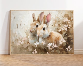Easter Bunny Print: Rustic Rabbits in Wildflower Field (Digital Download)
