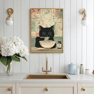 Black cat ramen wall art illustration showing a cute cat eating noodles with chopsticks, Japanese style vintage printable decor for apartment and kitchen walls.
