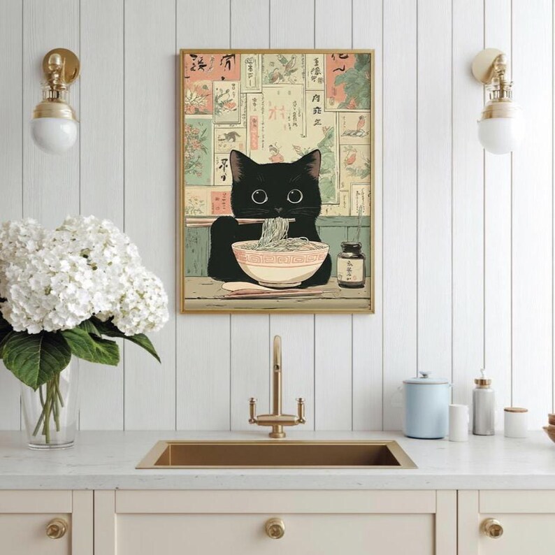 Black cat ramen wall art illustration showing a cute cat eating noodles with chopsticks, Japanese style vintage printable decor for apartment and kitchen walls.