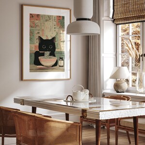 Japanese-inspired cat poster for entryway — playful design with noodles and steam, enriching your home with vintage flair.