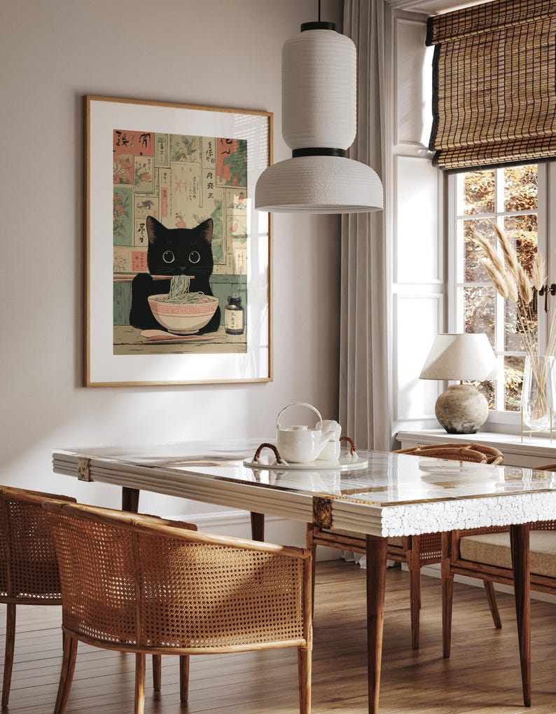 Japanese-inspired cat poster for entryway — playful design with noodles and steam, enriching your home with vintage flair.