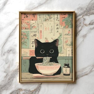 Cozy cat digital print for study room — charming scene of a black cat enjoying ramen, enhancing a cute, inspiring atmosphere.