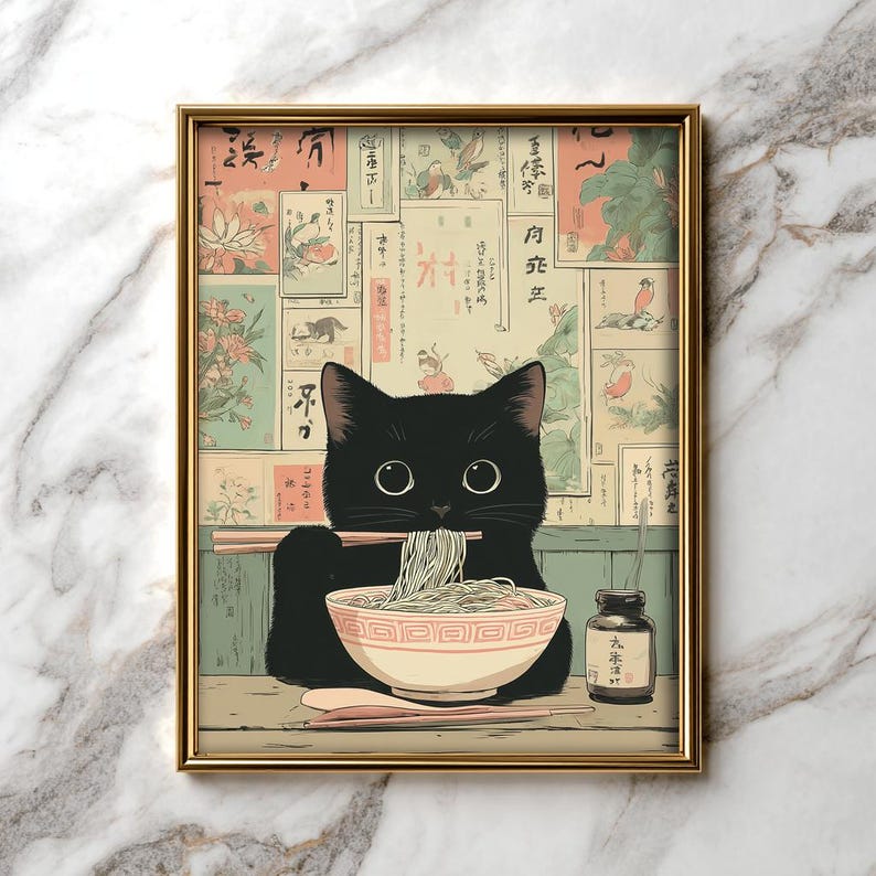 Cozy cat digital print for study room — charming scene of a black cat enjoying ramen, enhancing a cute, inspiring atmosphere.