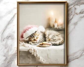 Vintage verschlafenes Kätzchen - getigerte Katze in Weihnachtsmütze (Digitaler Download)