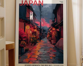 Moody Night in Japan Poster, Urban Cityscape Art Print, Retro Japanese Street Decor, Neon Lantern Artwork, Tranquil Night Scene, Street Art