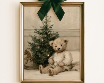 Vintage Teddy Bear Christmas Print | Antique Toys Nursery Wall Art | Cozy Neutral Holiday Nursery Decor | Digital Download