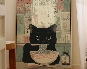 Black Cat Ramen Wall Art Printable, Japanese Wall Art, Cat Print, Vintage Kitchen & Apartment Decor, Printable Cute Wall Art, Black Cat Gift