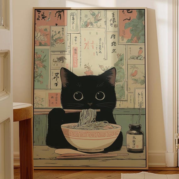 Black Cat Ramen Wall Art Printable, Japanese Wall Art, Cat Print, Vintage Kitchen & Apartment Decor, Printable Cute Wall Art, Black Cat Gift