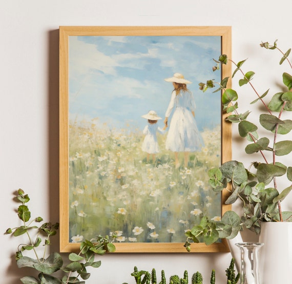Mother Daughter Daisy Meadow Art Print: Girl's Room Decor (Digital Download)