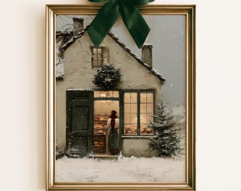 Vintage Christmas Bakery Print | Snowy European Patisserie Painting | Cozy Kitchen Wall Art | Digital Download