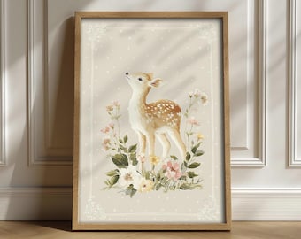 Decorazione murale stampabile per cameretta dei bambini con cerbiatto e fiori di campo, grazioso decoro in stile cottagecore, stampe di animali del bosco, cameretta dei bambini nel bosco, download immediato