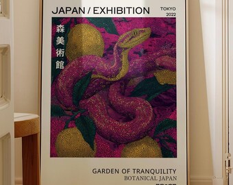 Moody Botanical Snake Printable Wall Art- Japanese Exhibition Poster, Citrus Fruits, Snake Wall Art, Maximalist Wall Art, Apartment Decor