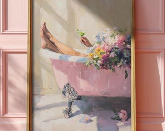 ヴィンテージバスタブマティーニアートプリント - 女性的な油絵（デジタルダウンロード）