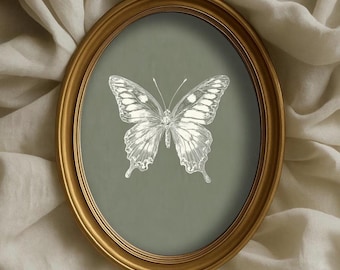 Vintage Butterfly Print, Sage Green Wall Art, White Line Art Illustration, Digital Download Rustic Cottagecore Neutral Wall Decor