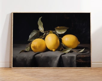 Vintage Lemon Still Life Painting: Farmhouse Kitchen Art (Digital Download)
